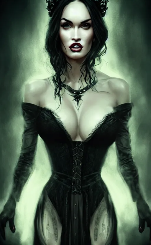 Image similar to megan fox witch queen, black eyes, blood, full body, intricate victorian dress, middle shot, cinematic lighting, symmetrical eyes, rafael albuquerque, charlie bowater, moody lighting, candles