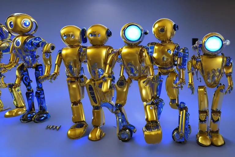 Image similar to a queue of 7 golden and blue metal humanoid steampunk robots in front of an entrance door to a futuristic nightclub, robots are wearing and gears and tubes, eyes are glowing red lightbulbs, shiny crisp finish, 3 d render, 8 k, insaneley detailed, fluorescent colors, nightlight