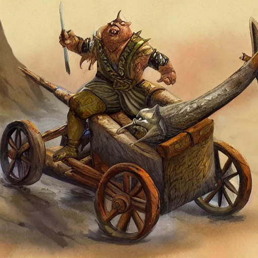 Image similar to painting of fat orc riding in a slapdash wooden cart holding a lance, fantasy art, magic : the gathering art, by diterlizzi