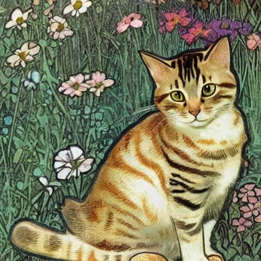 Prompt: a cute tabby cat sitting in a garden, beautiful illustration by beatrix potter and alphonse mucha