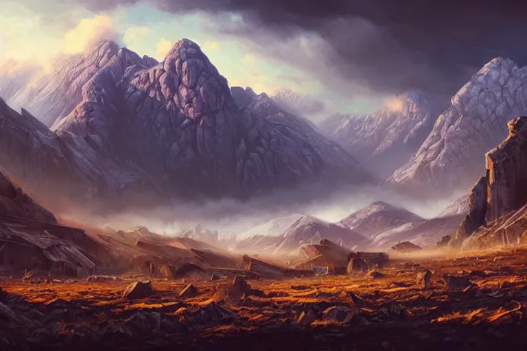 Prompt: landscape painting of destroyed meadows with destroyed mountainrange in background, dystopian wasteland, destroyed nature, apocalyps, winter, fine details, magali villeneuve, artgerm, rutkowski