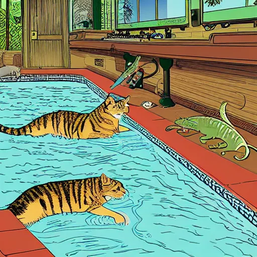 Prompt: tabby cat alligator pool “ geoff darrow ” production art