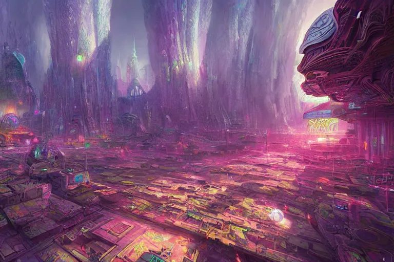 Image similar to a psychedelic city at the edge of existence where intensely creative astral beings live, in the style of wlop, illustration, epic, fantasy, hyper detailed, smooth, unreal engine, sharp focus, ray tracing