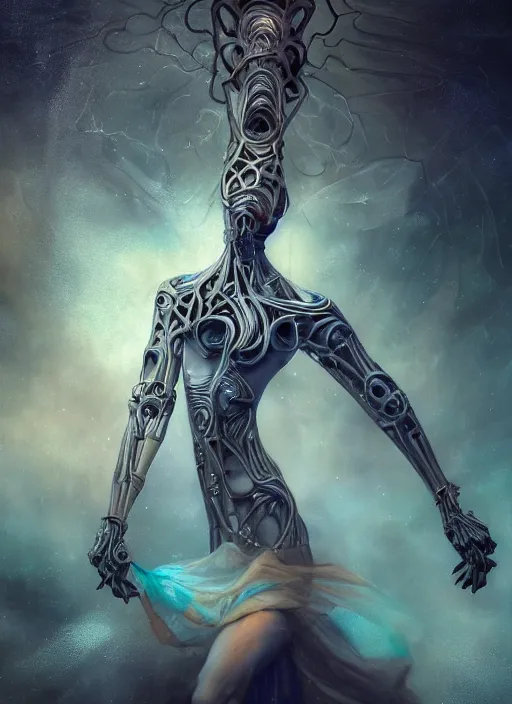 Prompt: epic portrait of menacing and anxious yet stunningly beautiful biomechanical djinn overseeing the iridescent fabric of time and space, by charlie bowater, mandy jurgens, gustav klimt, octane render, dramatic camera angle, 4k, 8k, high detail, HDR, by tom bagshaw, powerful, with inspiration from Beksinski, inspired by greek goddess Athena