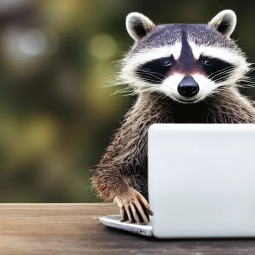 Image similar to logo of a happy raccoon pushing a grocery cart with a laptop on top and a face mask hanging off the corner