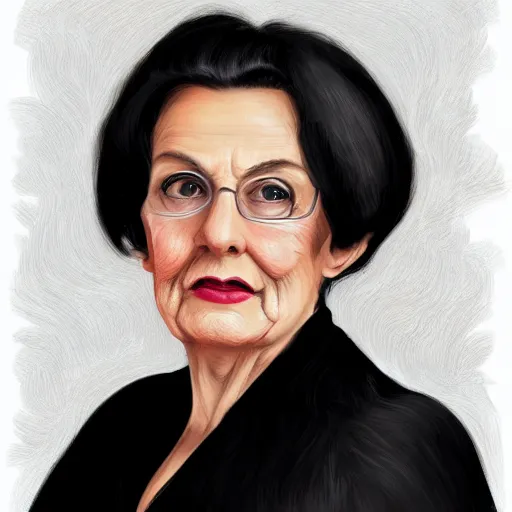 Prompt: a digital portrait of a 83 year old with black hair,hazel green eyes, drawn in the style of mark Arian