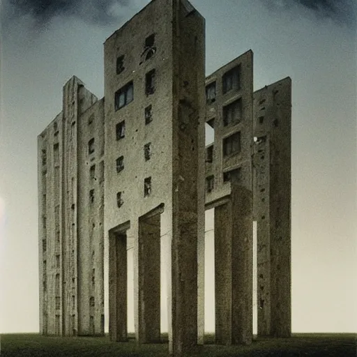 Prompt: Housing Block. Vacant. Eerie. Unsettling. Zdzisaw Beksinski