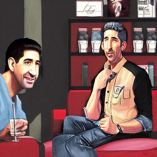 Image similar to digital artwork of ross geller sitting in central perk, in the style of artgerm, detailed face, expressive face,