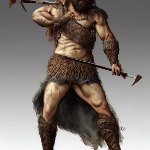 Prompt: renaissance full body portrait of a gruff ranger with a spear, lean and toned, handsome face, hairy chest and hairy body, D&D, intricate, elegant, highly detailed, digital painting, artstation, concept art, matte, sharp focus, chiaroscuro, well list, sharp detail, illustration, art by Da Vinci, Artgerm and Greg Rutkowski and Alphonse Mucha