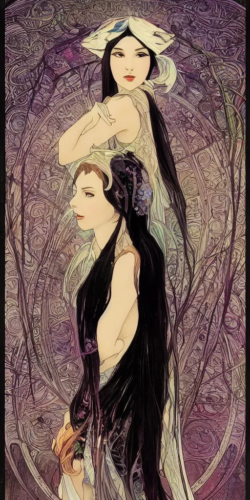 Prompt: of beautiful and gorgeous elf woman covered in wet cloak with white Japanese dress undercover, white grime on face, black volume hair in tail, style of Alfons Mucha, stylized, midtones, colorfull gradients, details