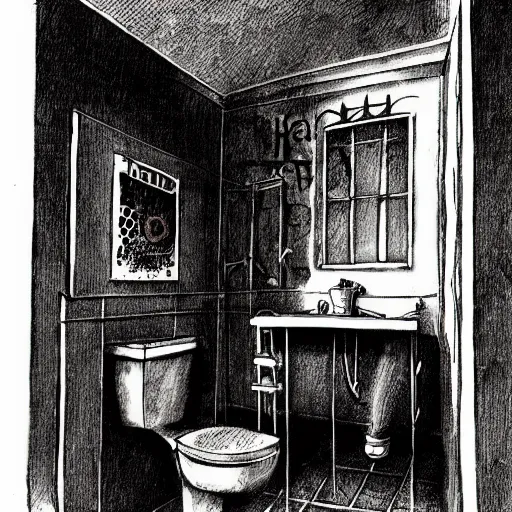 Prompt: An illustration for a story titled The haunted bathroom in the style of Scary Stories To Tell In The Dark, drawn by Stephen Gammell