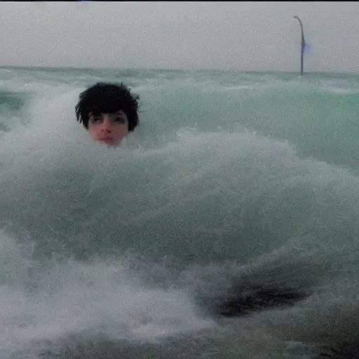 Prompt: photograph of a teenage boy with black hair and sea green eyes standing in the eyes of a Hurricane as waves and water crash around him