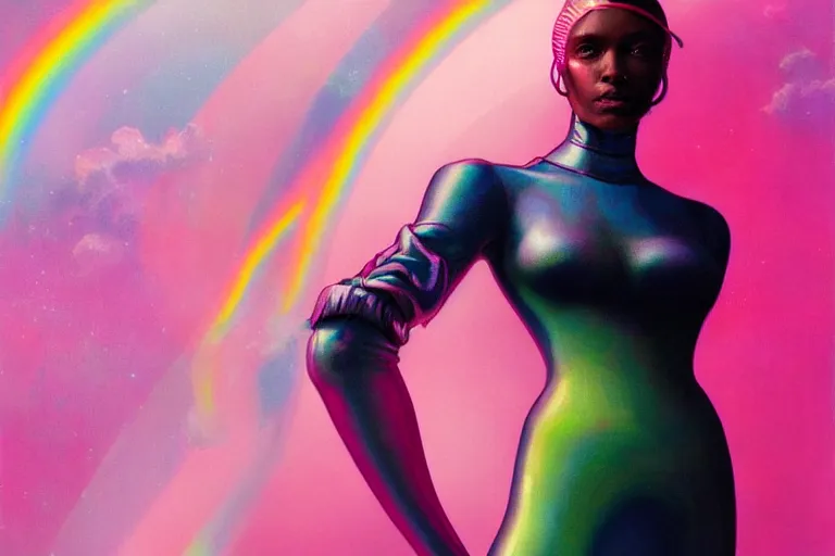 Image similar to patron saint of 🛸🌈👩🏾, futuristic clothing, pink background, warped gravity, neon god of city character portrait, in the style of moebius, wlop, tom bagshaw, and waterhouse, cinematic lighting, beautiful, elegant, oil painting,