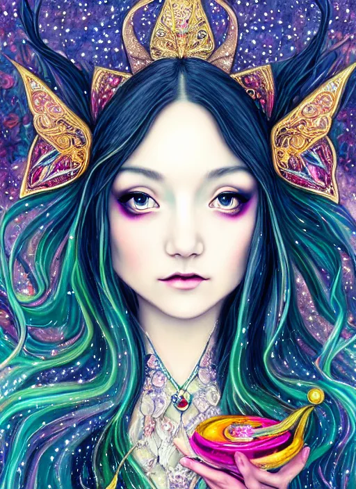 Prompt: fantastic portrait of a beautiftul witch pray with some shinny star, cloak, royally decorated crystal gemstones, symmetrical face, art nouveau, portrait, cute, fairy, by mai yoneyama, detailed background, artstation, intricate, elegant, highly detailed, colorful, maximalist