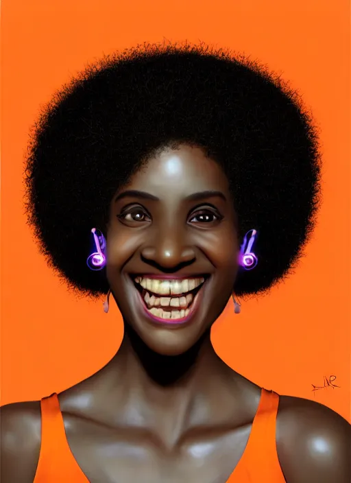 Prompt: portrait of shy black girl, realistic, natural hair, afro puffs, pointy nose, skinny, smile, nerdy, defined jawline, big chin, orange hair bow, earrings, intricate, elegant, glowing lights, highly detailed, digital painting, artstation, sharp focus, illustration, art by wlop, mars ravelo and greg rutkowski