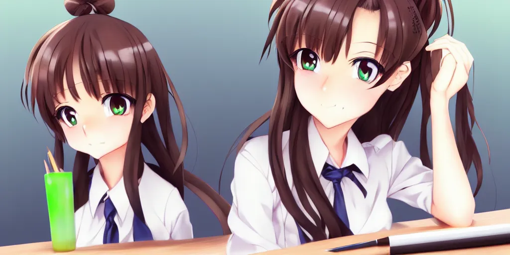 Prompt: beautiful anime high school girl siting on a school desk, full body, brown hair, ponytail, white ribbon, green eyes, full perfect face, slightly smiling, detailed background, drawn by Artgerm, Sasoura, Satchely, no distorsion