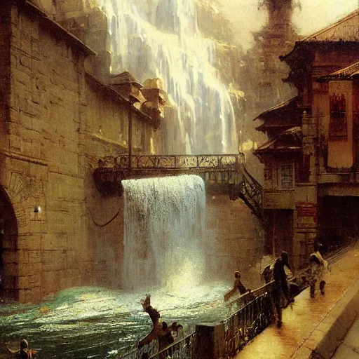 Image similar to waterfall flooding an entire city. victorian age. highly detailed painting by gaston bussiere, craig mullins, j. c. leyendecker