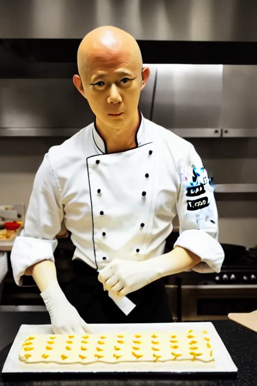 Image similar to chef saitama one punch man, dressed as a pastry chef, making a cake, anime artwork