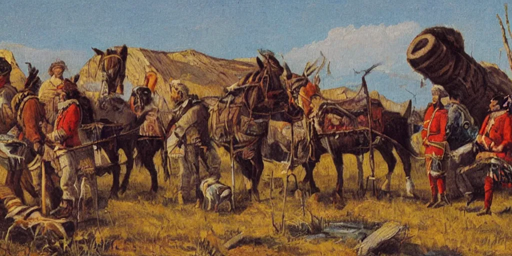 Prompt: fur traders on the canadian frontier, XVIIIth century painting