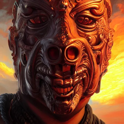 Image similar to Very very very very highly detailed epic photo of face with fiery demonic venetian mask, intricate, dystopian, sci-fi, extremely detailed, digital painting, artstation, concept art, smooth, sharp focus, illustration, intimidating lighting, incredible art by Artgerm and Vincent di Fate and Anton Pieck and Brom