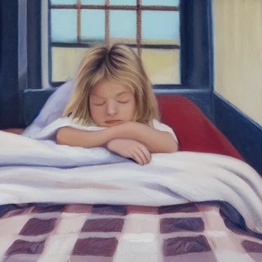 Image similar to an oil painting of a young boy with long blonde hair sleeping in bed with a checkered comforter