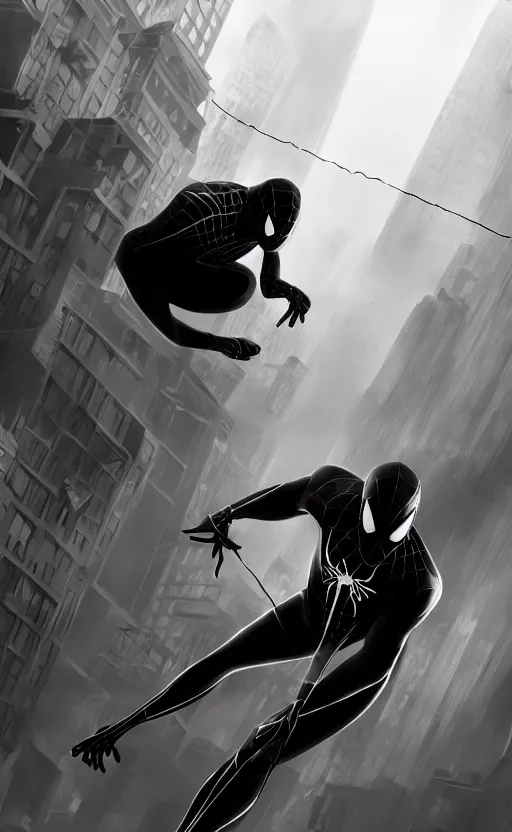 Image similar to epic spiderman noir wallpaper, dynamic lighting, photorealistic fantasy concept art, trending on art station, stunning visuals, creative, cinematic, ultra detailed