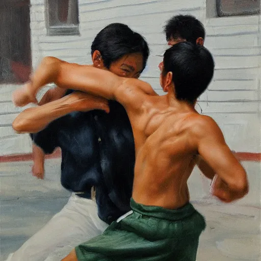 Image similar to asian person fighting a turkish person, cinematic, 4 k, oil painting