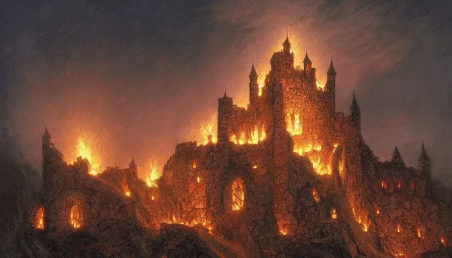 Image similar to a medieval fantasy white fortress burning on a hill by night, ted nasmith, great composition, lighting, chiaroscuro