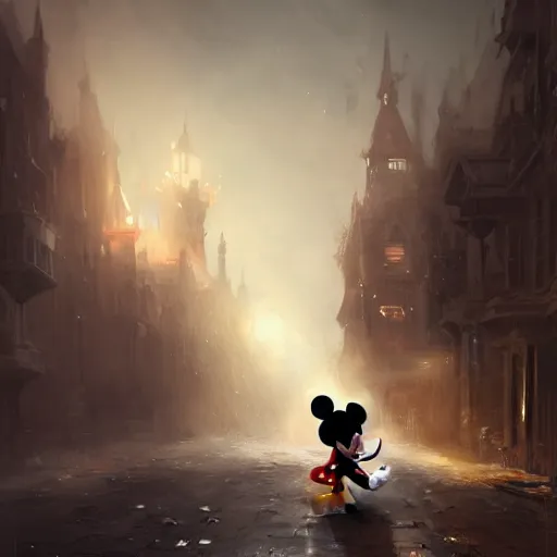 Prompt: a beautiful illustration of mickey mouse with hood and black armor assassinating a target in victorian london, by greg rutkowski, featured on artstation