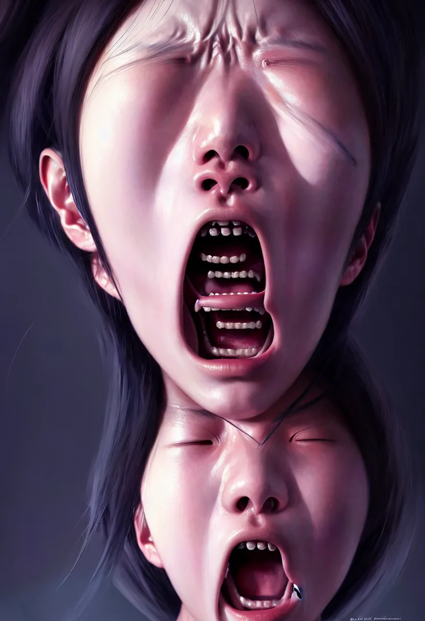 Prompt: beautiful render of a face, waist up portrait of a futuristic cute japanese teenage girl screaming in anger and frustration, intricate, elegant, highly detailed, digital painting, artstation, concept art, smooth, sharp focus, octane render, dramatic lighting, symmetry, symmetrical face, ONE FACE, headshot, art by greg rutkowski and wlop