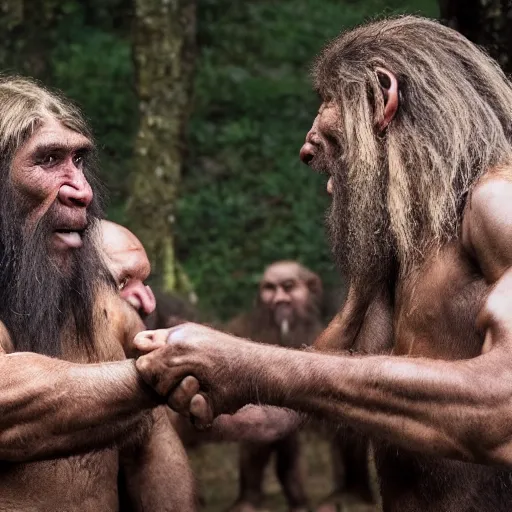 Image similar to Neanderthal meeting modern human, discovery of extant tribe of Homo neanderthalensis, Caucasus region, award-winning photography