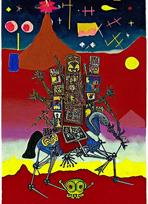 Prompt: pixel decollage painting tarot devil card composition tower of babel road red armor maggot bear and wonky alien frog skeleton knight on a horse in a dark red cloudy night sky with golden foil stars, occult symbols and diamonds, mountain lake and blossoming field in background, painted by mark rothko, helen frankenthaler, danny fox and hilma af klint, pixelated