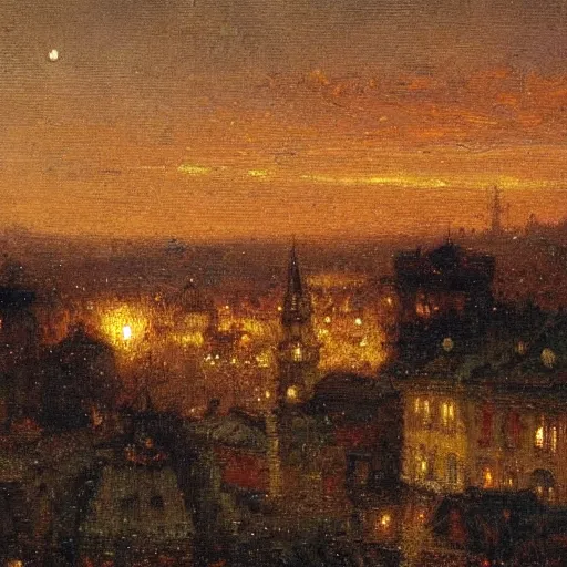 Prompt: a small town at twilight, very high detail, painted by gaston bussiere