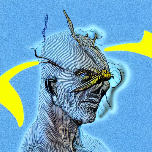 Image similar to human man that resembles a wasp morh in surreal sketch style, blue and yellow gradient, noise, ultrafine detail, hd 8k, logo illustration