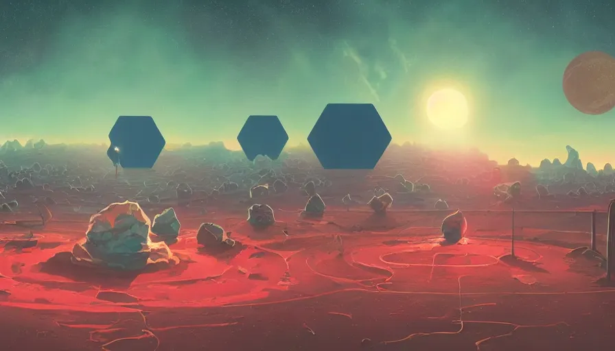 Image similar to hexagon blocking the sun in space, planet earth in foreground, simon stalenhag