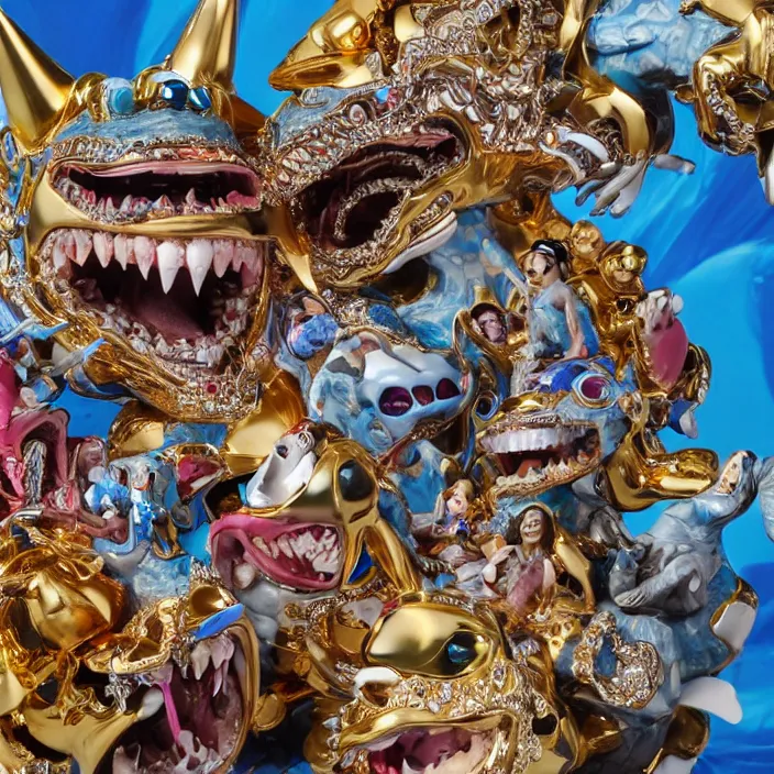 Image similar to jeff koons hip hop style street sharks wearing grillz and a ton of bussdown iced gold bling, ultra realistic, concept art, intricate details, serious, highly detailed, photorealistic, octane render, 8 k, unreal engine, art by todd mcfarlane and artgerm and greg rutkowski and alphonse mucha