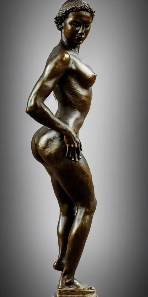 Prompt: detailed photo of old bronze patina statue of most beautiful woman, full body portrait, various bending poses, photorealism, intricate detail, museum diffuse lighting