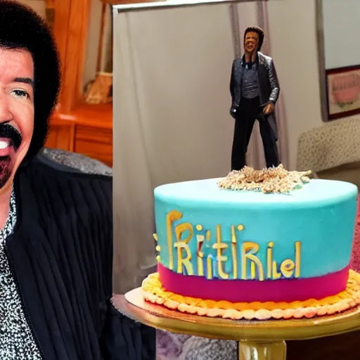 Prompt: lionel richie sculpture birthday cake at a care home