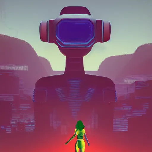 Prompt: a woman walking across a lush green field, a huge robot head in front of her, cyberpunk art by by james gilleard, cgsociety, retrofuturism, synthwave, retrowave, outrun