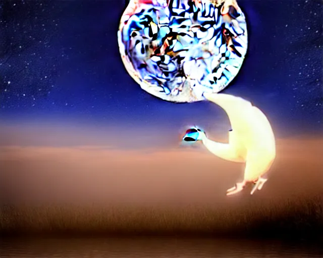 Prompt: moon attack duck, fantasia photo