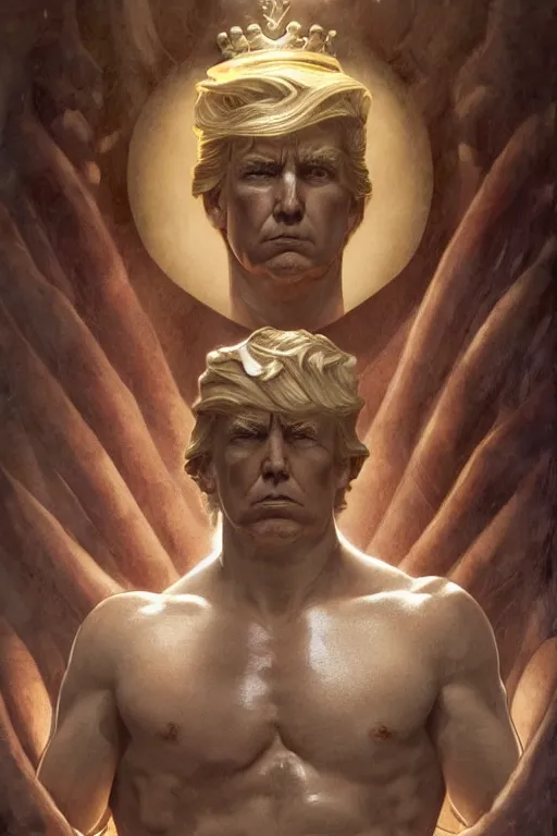 Image similar to President Donald J Trump as a Greek god, detailed face, gorgeous, amazing, muscular, fit, very muscular male body, Caesar victorious, crown ruler, intricate, highly detailed, digital painting, artstation, concept art, sharp focus, illustration, art by greg rutkowski and alphonse mucha