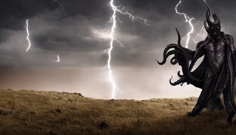 Prompt: big budget movie about a hilltop in a lightning storm, where a scientist uses black magic summons an alien demon with big fangs and horns and tentacles.