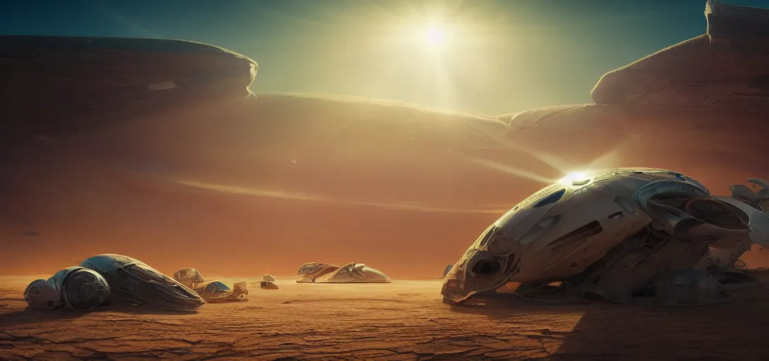 Image similar to view from the desert ground of a giant crashed wrecked spaceship, light rays, symmetry, cinematic lighting, ultra detailed, sharp, ambient occlusion, bloom, raytracing, by greg rutowski, finnian macmanus and jessica rossier