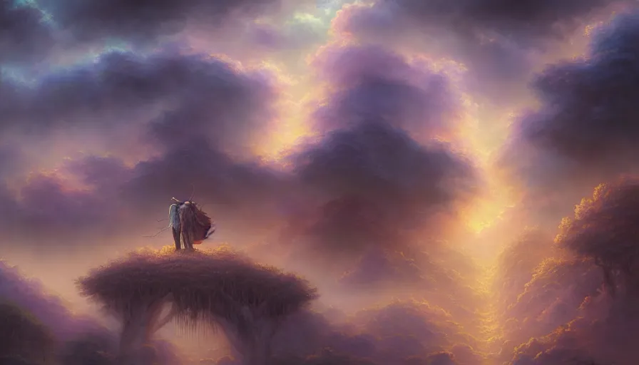 Prompt: bob ross surrounded by hundreds pf paintings, a very large paint brush in the sky, medium shot, extremely detailed digital painting, vibrant colors, in the style of tomasz alen kopera and fenghua zhong and peter mohrbacher, mystical colors, rim light, beautiful lighting, 8 k, stunning scene, raytracing, octane, trending on artstation