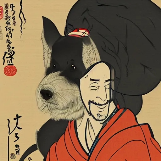 Prompt: twitch streamer forsen and his dog peppah in Ukiyo-e style, rule of thirds