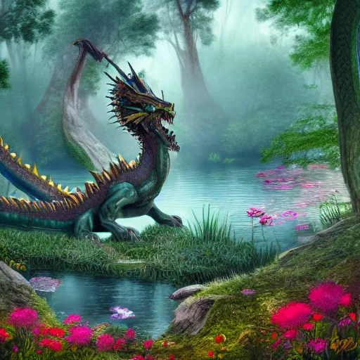 Prompt: a dragon, the body of the dragon is made out of flowers, small lake, in a forest glade, 4 k digital artwork, concept art