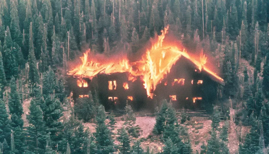 Prompt: 1 9 7 0 s movie still of a heavy burning house on a mountain with pine forest, cinestill 8 0 0 t 3 5 mm, high quality, heavy grain, high detail, texture, dramatic light, ultra wide lens, panoramic anamorphic, hyperrealistic