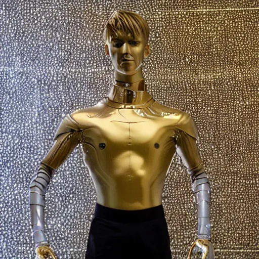 Image similar to a realistic detailed photo of a guy who is an attractive humanoid who is half robot and half humanoid, who is a male android, soccer players martin ødegaard, shiny skin, posing like a statue, blank stare, in a museum, on display, showing off his muscles, gold soccer shorts, ground view, porcelain statue