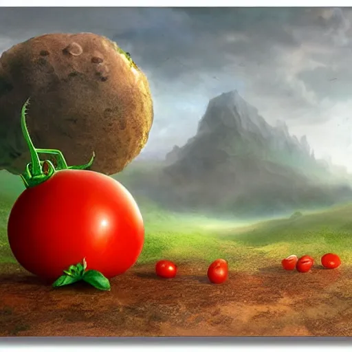 Image similar to a beautiful matte painting of a very sad tomato in a fantasy landscape, by steve argyle and mark arian