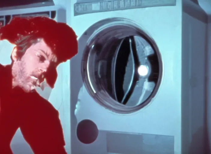 Prompt: film still of HAL from 2001 A Space Odyssey as a washing machine with a red light inside